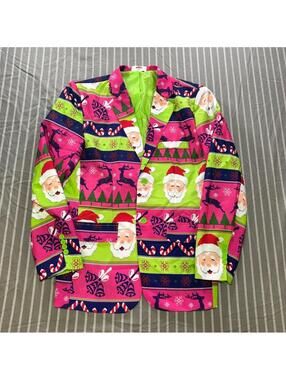 Men's Suit Blazer Ugly Christmas Sweater Tie Pink Green Santa Reindeer small